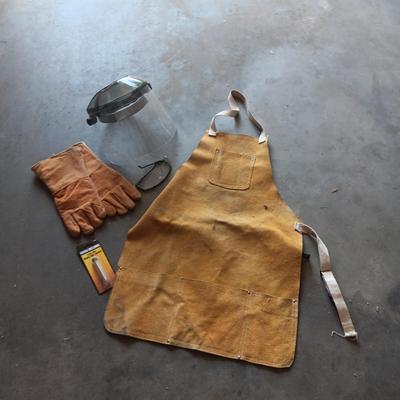 LEATHER APRON AND GLOVES, SAFETY GLASSES AND SHIELD