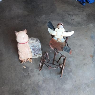 COW ON A TRIKE PLANT HOLDER AND CAT STATUE
