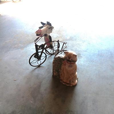 COW ON A TRIKE PLANT HOLDER AND CAT STATUE
