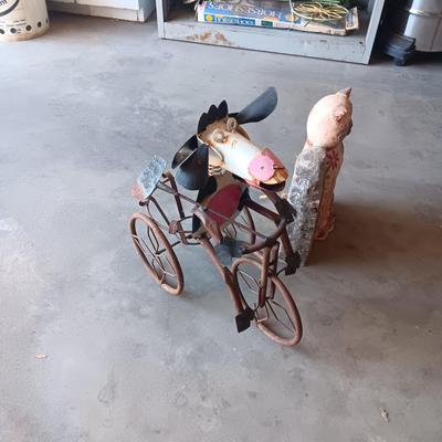 COW ON A TRIKE PLANT HOLDER AND CAT STATUE