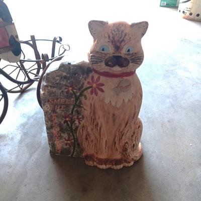 COW ON A TRIKE PLANT HOLDER AND CAT STATUE