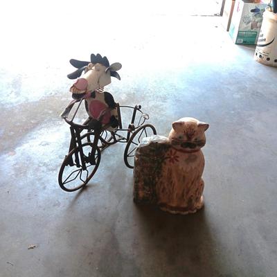 COW ON A TRIKE PLANT HOLDER AND CAT STATUE