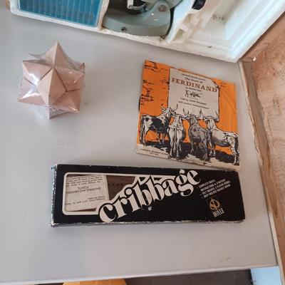 YOUTH MICROSCOPE IN WOOD BOX, WOODEN STAR PUZZLE, CRIBBAGE BOARD AND 45 RECORD