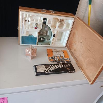 YOUTH MICROSCOPE IN WOOD BOX, WOODEN STAR PUZZLE, CRIBBAGE BOARD AND 45 RECORD