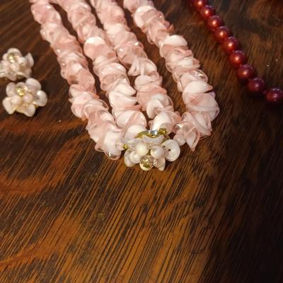 PINK NECKLACE W/CLIP ON EARRINGS AND BEADED NECKLACE