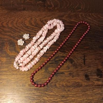 PINK NECKLACE W/CLIP ON EARRINGS AND BEADED NECKLACE