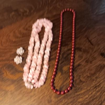 PINK NECKLACE W/CLIP ON EARRINGS AND BEADED NECKLACE