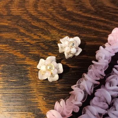 PINK NECKLACE W/CLIP ON EARRINGS AND BEADED NECKLACE