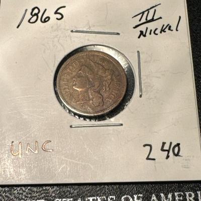 1865 III CENT NICKEL UNCIRCULATED