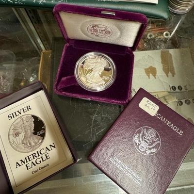 1992 AMERICAN EAGLE SILVER PROOF 1 OZ.999 SILVER WITH BOX & papers