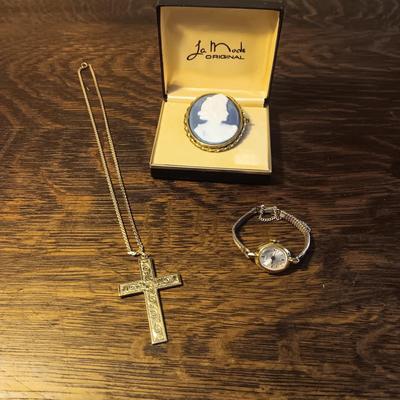 LIMOGES CAMEO, TIMEX WATCH AND CROSS NECKLACE