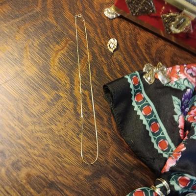 TIN CHEST, SCARF WITH PINS, GOLD TONE CHAIN AND FAUX PEARL LEAF PIN