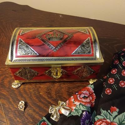 TIN CHEST, SCARF WITH PINS, GOLD TONE CHAIN AND FAUX PEARL LEAF PIN