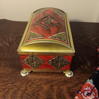 TIN CHEST, SCARF WITH PINS, GOLD TONE CHAIN AND FAUX PEARL LEAF PIN