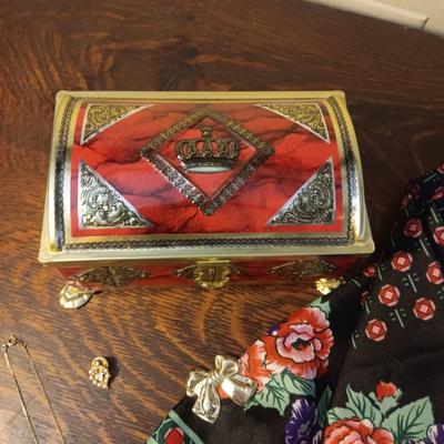 TIN CHEST, SCARF WITH PINS, GOLD TONE CHAIN AND FAUX PEARL LEAF PIN