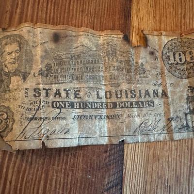 1863 Louisiana $100 Gray Note, Antique Books & Framed Photo