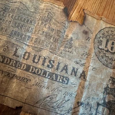 1863 Louisiana $100 Gray Note, Antique Books & Framed Photo