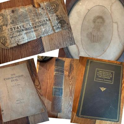 1863 Louisiana $100 Gray Note, Antique Books & Framed Photo