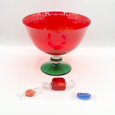 Diamond Glass Pedestal Compote & Three (3) Glass Candies