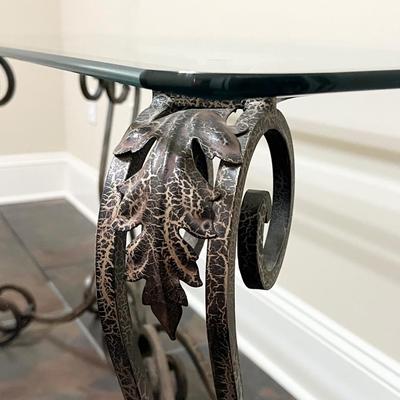 Distressed Floral Metal Table With Beveled Glass Top