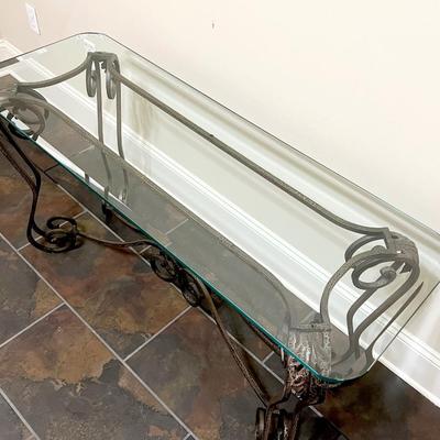 Distressed Floral Metal Table With Beveled Glass Top