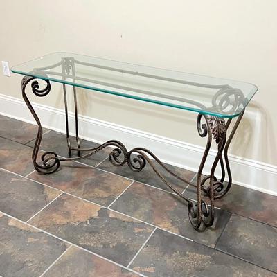 Distressed Floral Metal Table With Beveled Glass Top