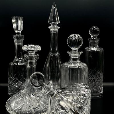 Six (6) Assorted Beautiful Glass & Crystal Decanters With Glass Stoppers