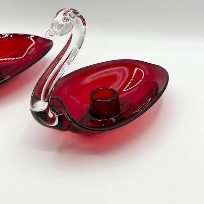 DUNCAN & MILLER ~ Pair (2) Ruby Open Swan Candlesticks