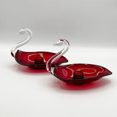 DUNCAN & MILLER ~ Pair (2) Ruby Open Swan Candlesticks