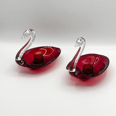 DUNCAN & MILLER ~ Pair (2) Ruby Open Swan Candlesticks