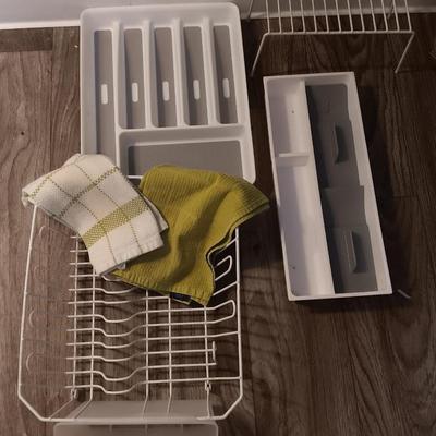 Kitchen Drawer and Pantry organizers with two dish towels and a dishrack