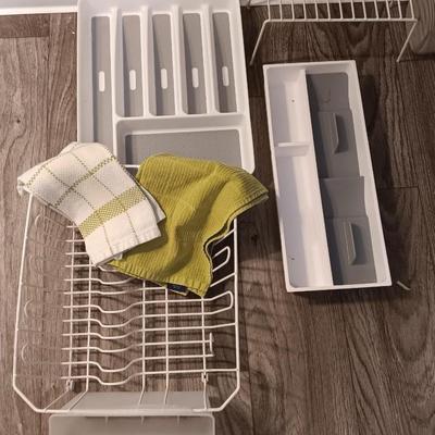 Kitchen Drawer and Pantry organizers with two dish towels and a dishrack