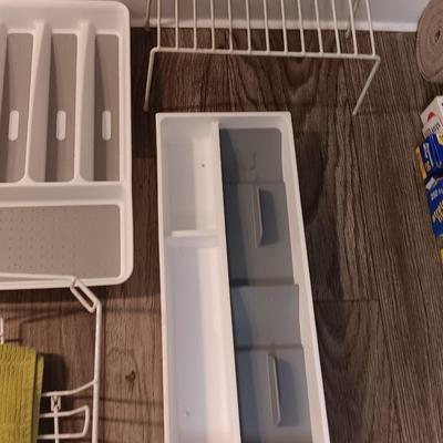 Kitchen Drawer and Pantry organizers with two dish towels and a dishrack