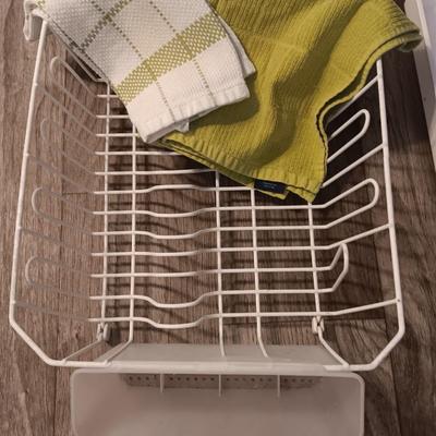Kitchen Drawer and Pantry organizers with two dish towels and a dishrack