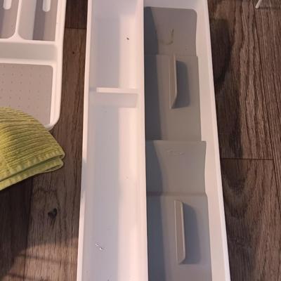 Kitchen Drawer and Pantry organizers with two dish towels and a dishrack