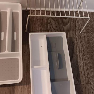 Kitchen Drawer and Pantry organizers with two dish towels and a dishrack