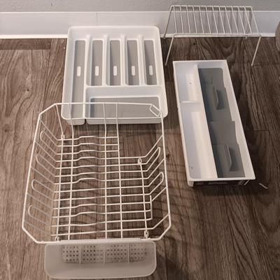 Kitchen Drawer and Pantry organizers with two dish towels and a dishrack