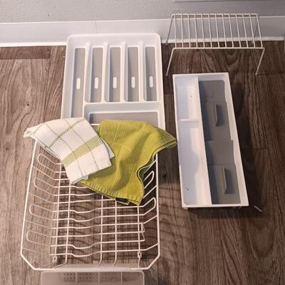 Kitchen Drawer and Pantry organizers with two dish towels and a dishrack