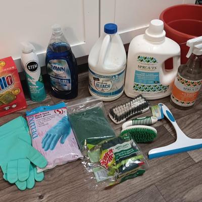 Cleaning products and cleaning tools with a mop bucket and new rubber gloves