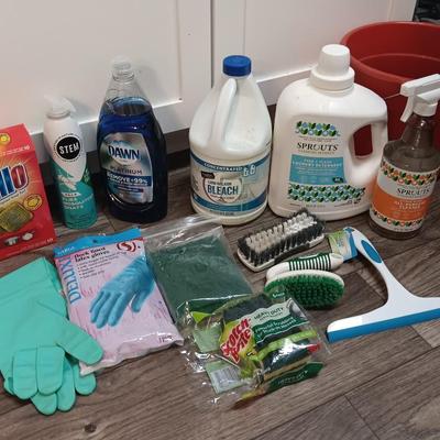 Cleaning products and cleaning tools with a mop bucket and new rubber gloves