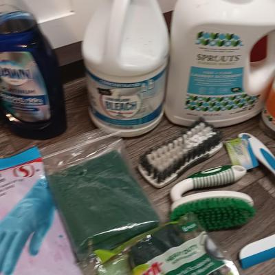Cleaning products and cleaning tools with a mop bucket and new rubber gloves