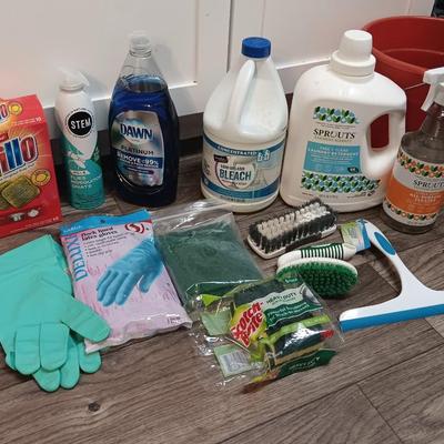 Cleaning products and cleaning tools with a mop bucket and new rubber gloves