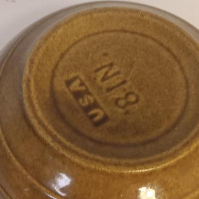 Vintage Ceramic Stoneware USA Pottery 8in Glazed Serving Bowl with Sprig Mango wood cutting board