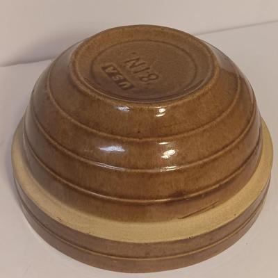 Vintage Ceramic Stoneware USA Pottery 8in Glazed Serving Bowl with Sprig Mango wood cutting board