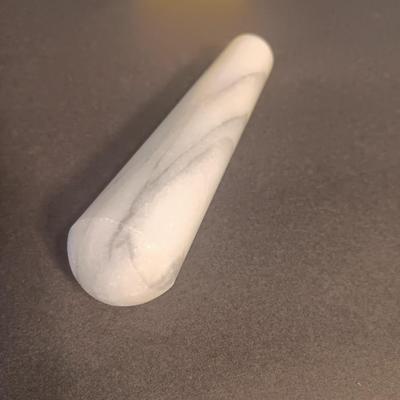 Mortar and Pestle white Marble with an empty Colman's mustard tin