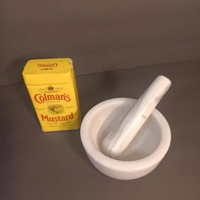 Mortar and Pestle white Marble with an empty Colman's mustard tin