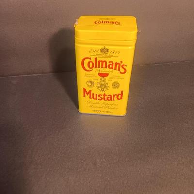 Mortar and Pestle white Marble with an empty Colman's mustard tin