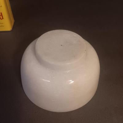 Mortar and Pestle white Marble with an empty Colman's mustard tin