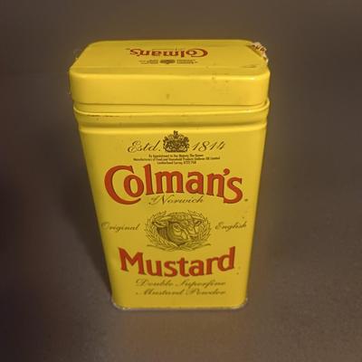 Mortar and Pestle white Marble with an empty Colman's mustard tin