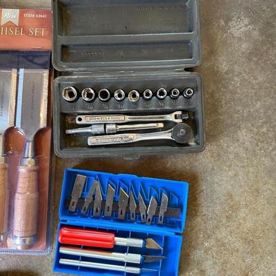 CHISEL SET, VARIOUS SOCKETS, XACTO CUTTING SET AND MORE